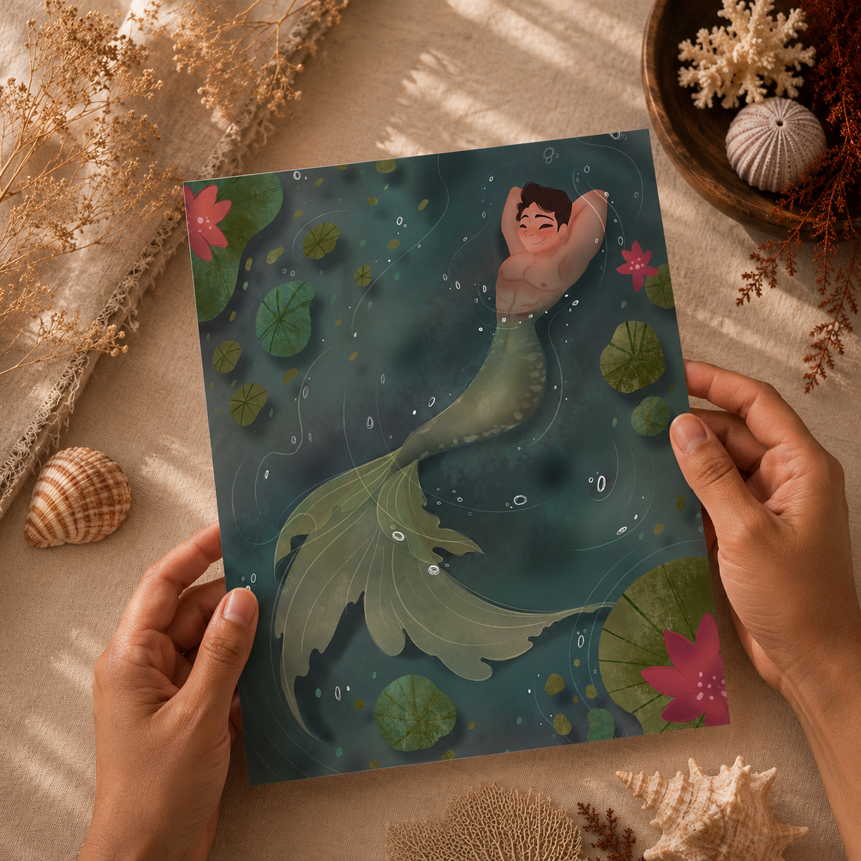 Verdant Drift - Fantasy Merman Art Print