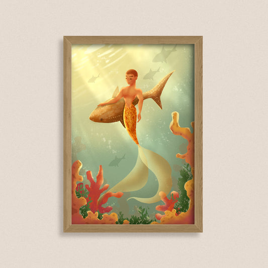 The Shark Guardian — Fantasy Merman Art Print